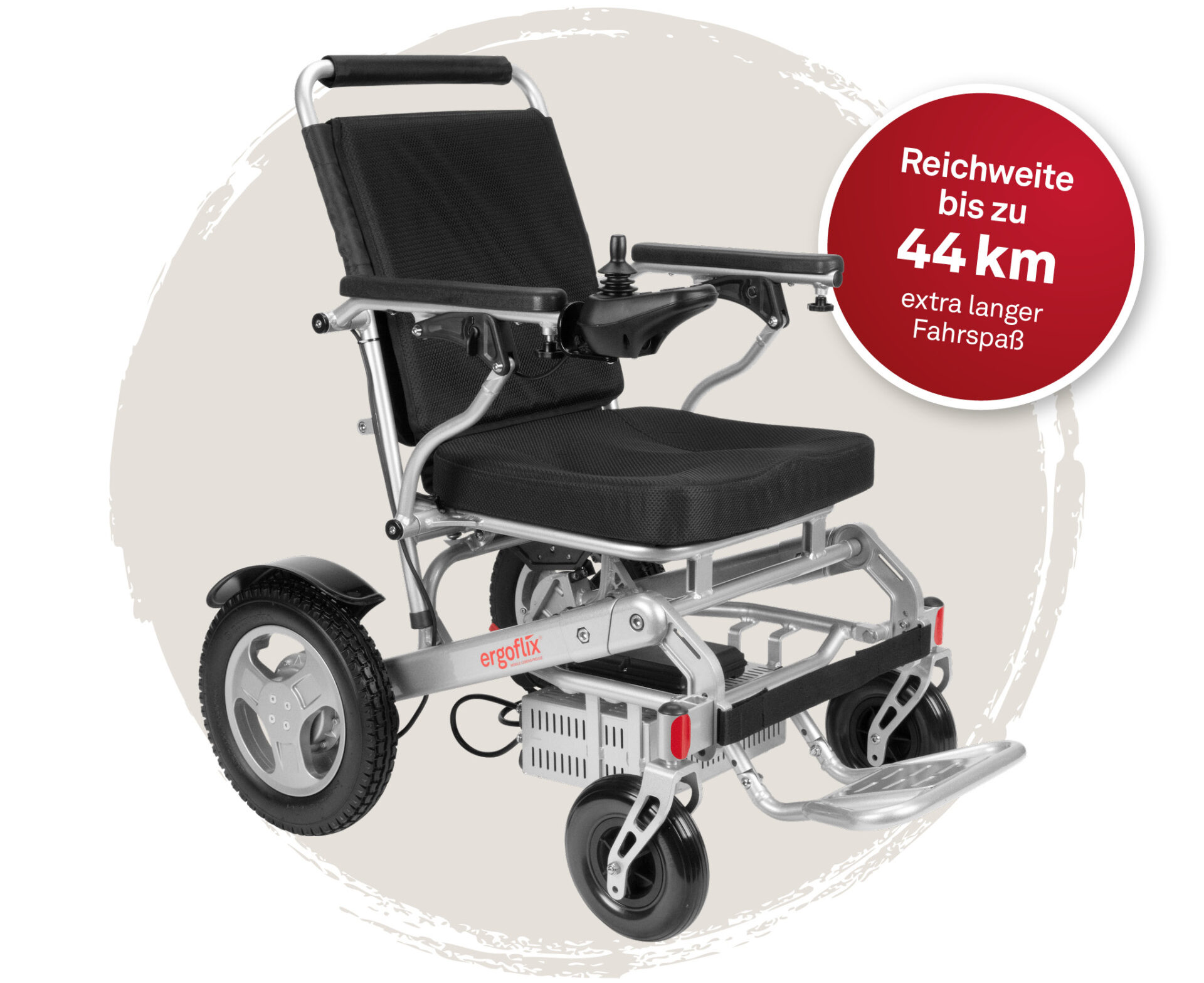 Ein elektrisch faltbarer Rollstuhl mit einer Reichweite von 44 km.